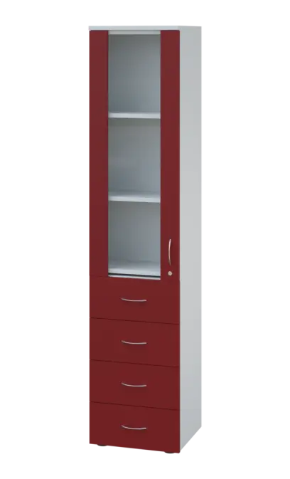 LE - 44 skříň léková prosklená, levá, korpus bílý, dvířka burgundská